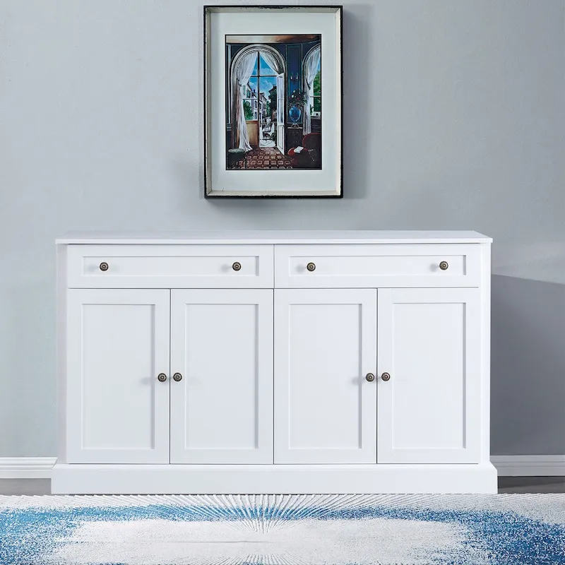 White / Antique White Minimalist Wood Sideboard, 2 Drawers & 2 Cabinets
