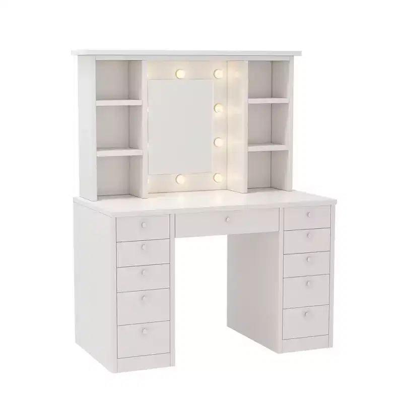 Makeup Vanity Table with 11 Drawers, Bedside Cabinet Vanity Desk with Touch Control Brightness Adjustable LED Mirror, Hidden Wiring