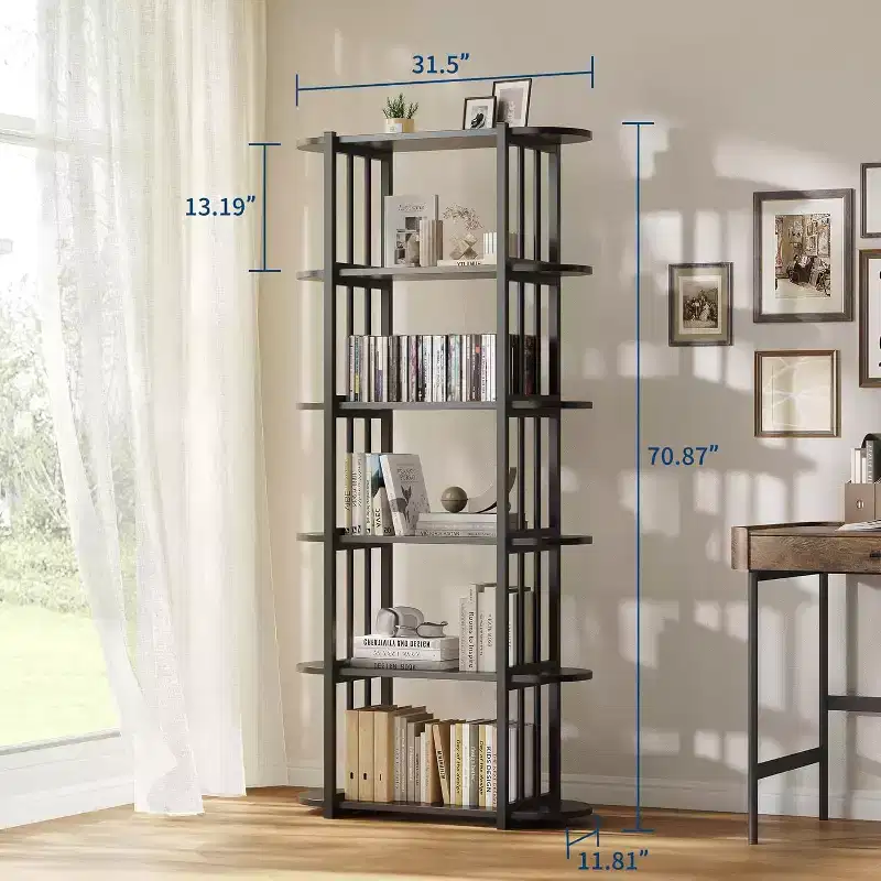 Book Shelf, 6 Tier Bookcase, Modern Tall Bookshelf for Garage Kit, CDs, Movies, Free Standing Industrial Corner Storage Organizer