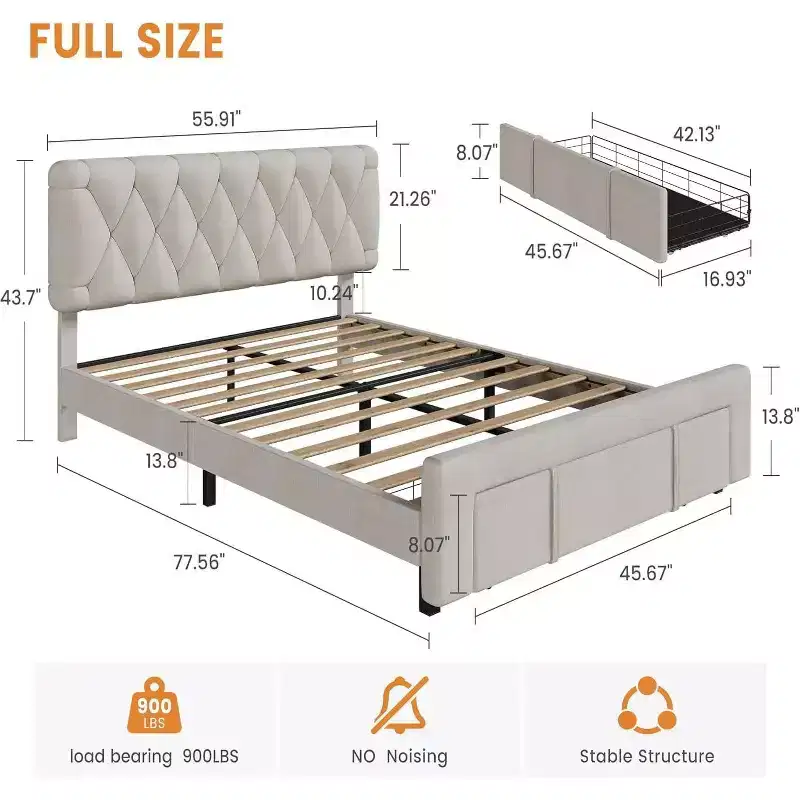 Velvet Upholstered Bed Frame with Storage Drawers, Platform Design with Solid Wooden Slats Support, No Box Spring Required.