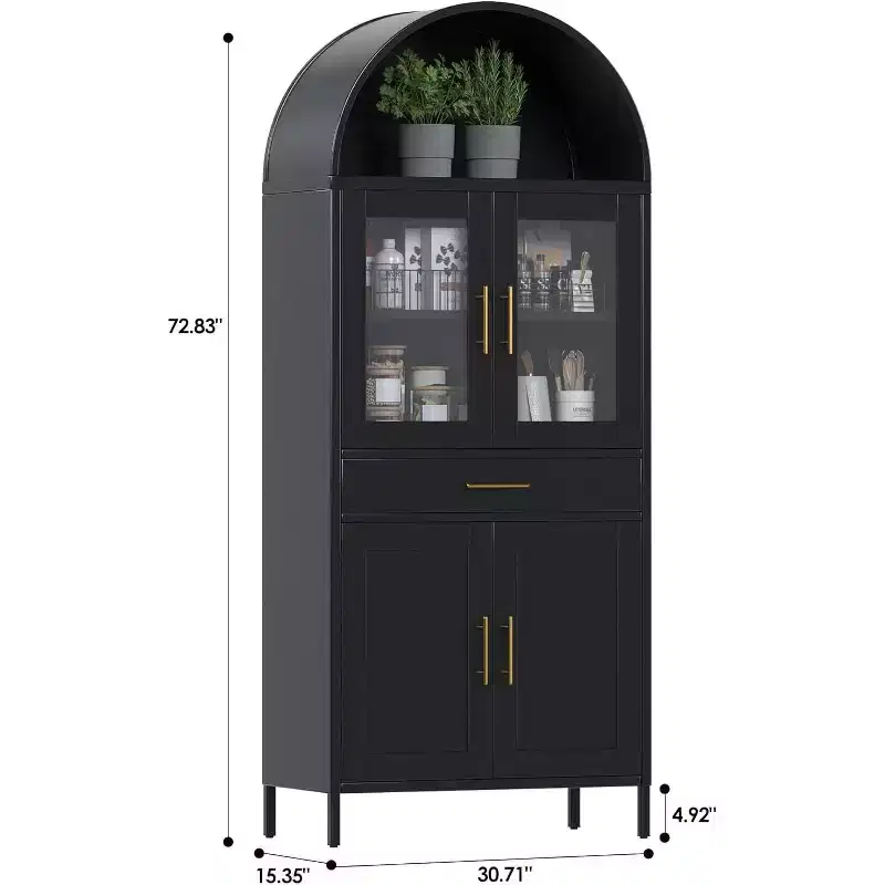 COZONY Tall Metal Arched Cabinet, Glass Door Pantry Bookcase with Drawer Adjustable Shelves for Living Room Kitchen