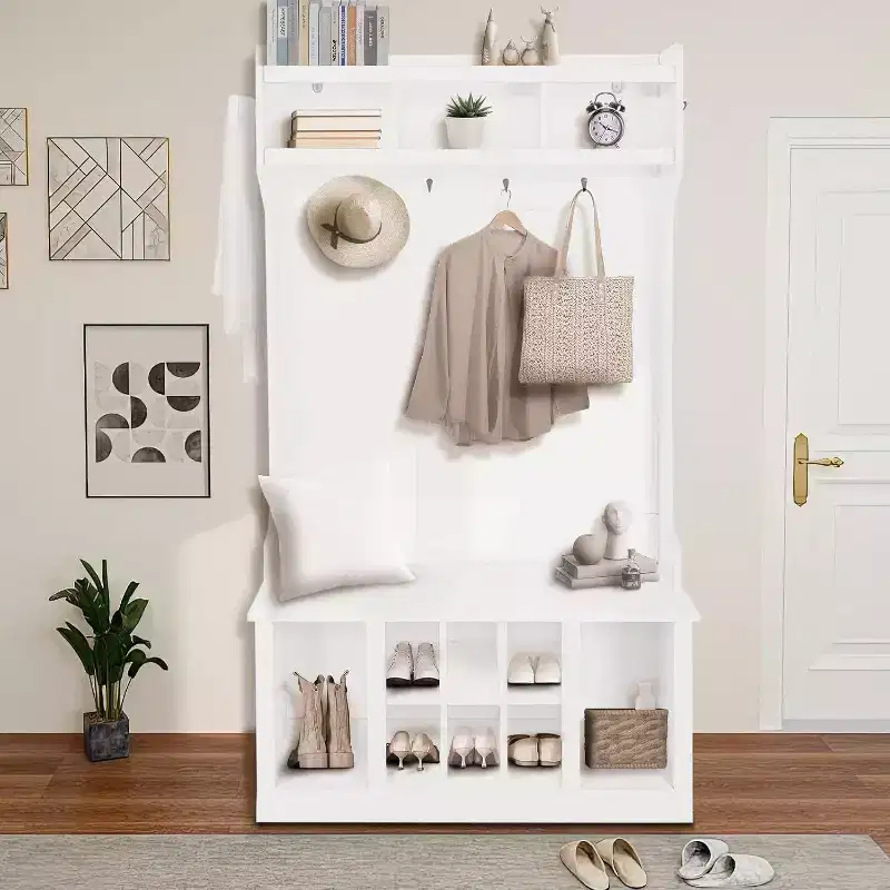 Multi-Functional Hall Tree, Entryway Bench with Storage Cabinet & 8 Shoe Cubes, Includes Top Shelf & 6 Coat Hooks, White Design