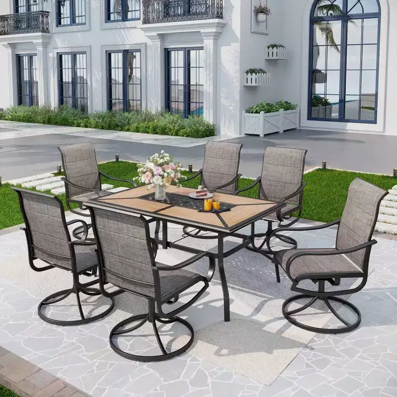 7pc Metal Patio Dining Set with 60"x37" Rectangular Metal Table & Padded Swivel Chairs - Captiva Designs