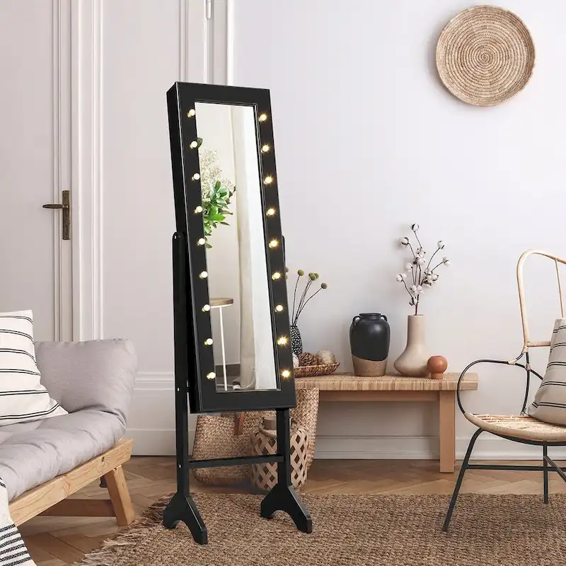 Mirrored Jewelry Cabinet Organizer w/18 LED lights Black