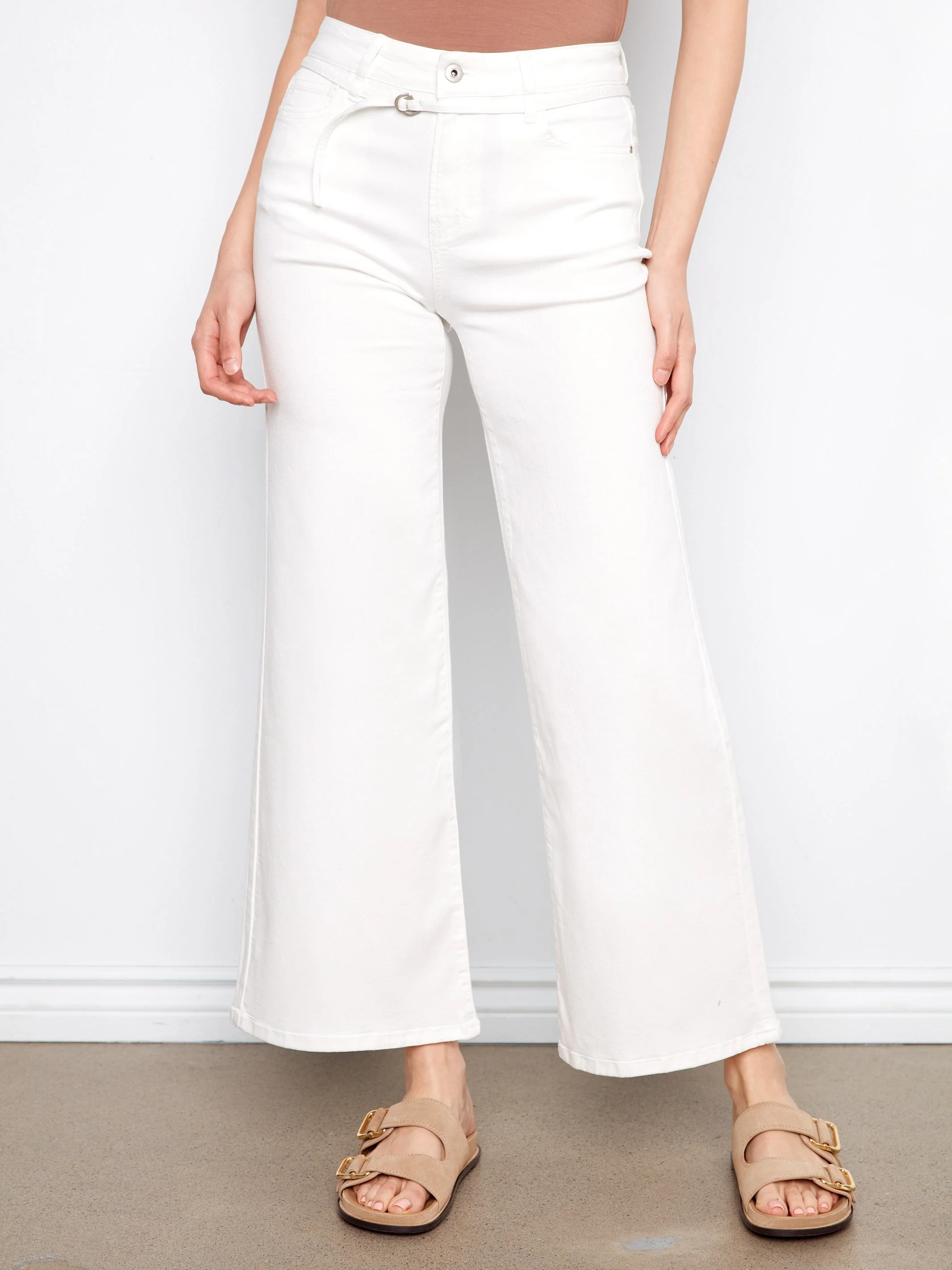 Belted Wide Leg Twill Pants - White