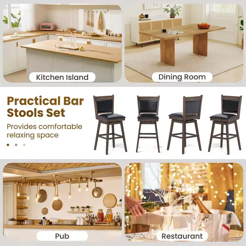 29 Swivel Bar Stools Set of 2 with Back Rubber Wood Legs Sturdy Footrest