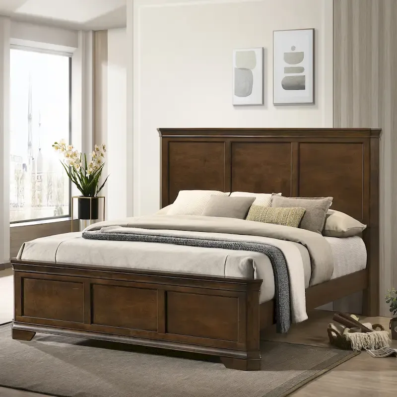Wood Panel Bed with Antique Walnut Finish
