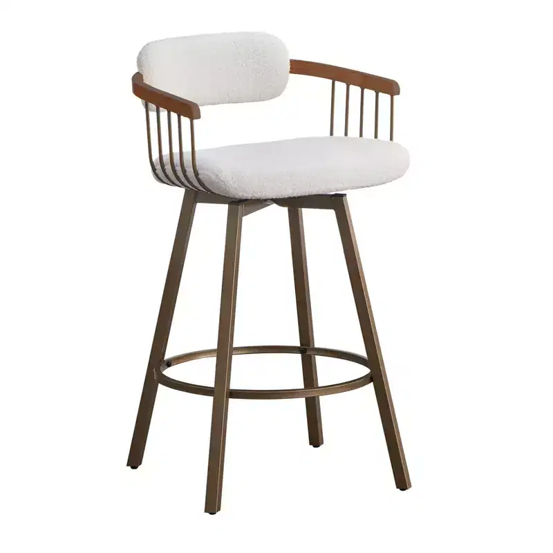 Swivel Counter Height Barstool White/Antique Gold: Upholstered Boucle, Metal Frame, Fixed 26.96"