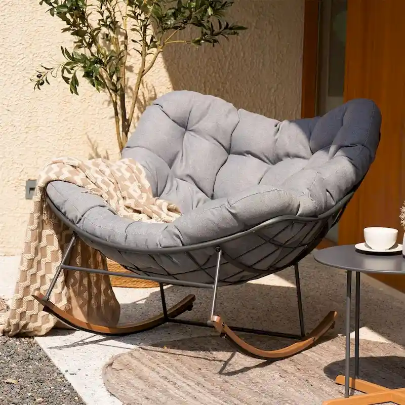 Giant Patio Rocking Chair, Indoor Outdoor Egg Freestyle Chair with Cushion Upholstered Modern Lounge Chair for, Garden, Backyard