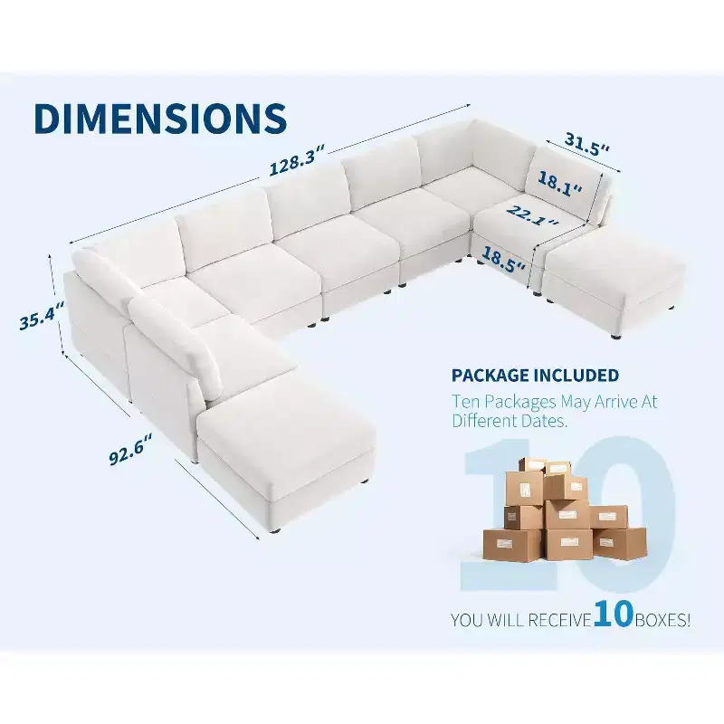 128 Modular Sectional, 9-Seater L-Shaped Sofa w/ 2 Storage Ottomans, Modern Sleeper Couch with Washable Removable Covers & Pillows