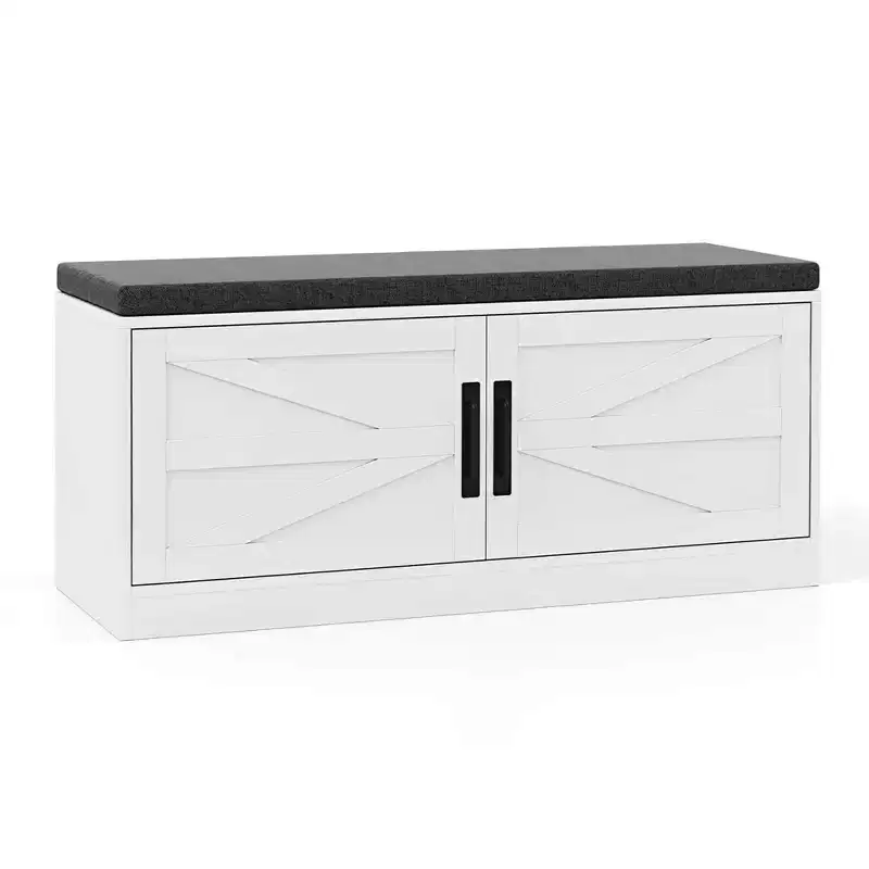 Shoe Bench Farmhouse Shoe Rack Organizer with Cushion 2 Doors 2 Adjustable Shelves