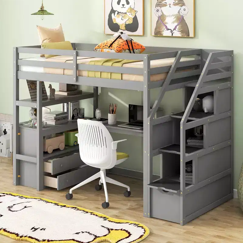 Loft Bed with Storage Staircase and Desk, High Loft Bed Frame with 2 Built-in Drawers for Kids Teens Adults