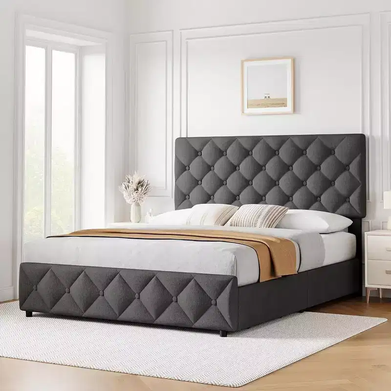 Whizmax Linen Upholstered Platform Bed Frame with 4 Storage Drawers and Headboard, Diamond Stitched Button Tufted, Gray