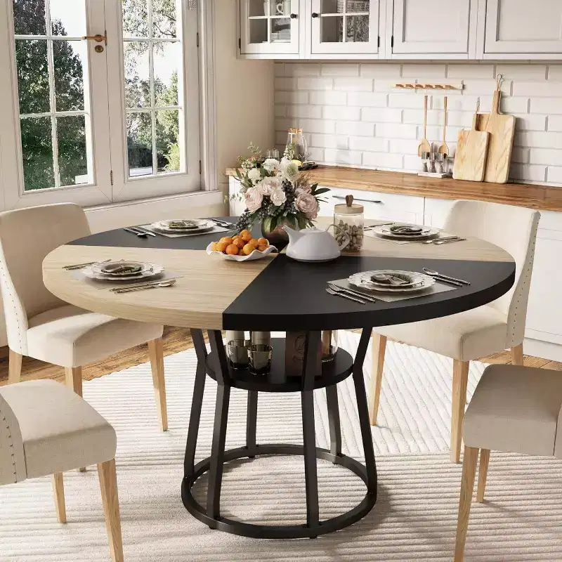 Round Dining Table for 4-6, 42 Farmhouse Kitchen Table with Storage, Circle Dinner Tables for Kitchen, Dining Room, Living Room, Apartment
