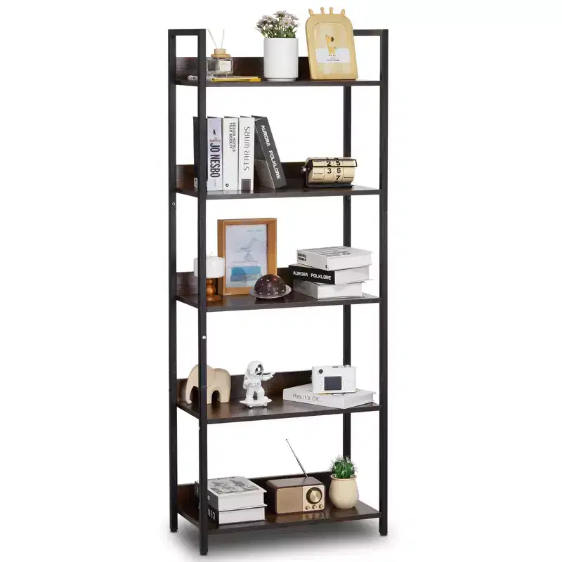 Metal Bookshelf, 5-Tier Tall Industrial Bookshelf, Rustic Display Vintage Storage Bookcase with Open Shelves, Freestanding Display Shelving