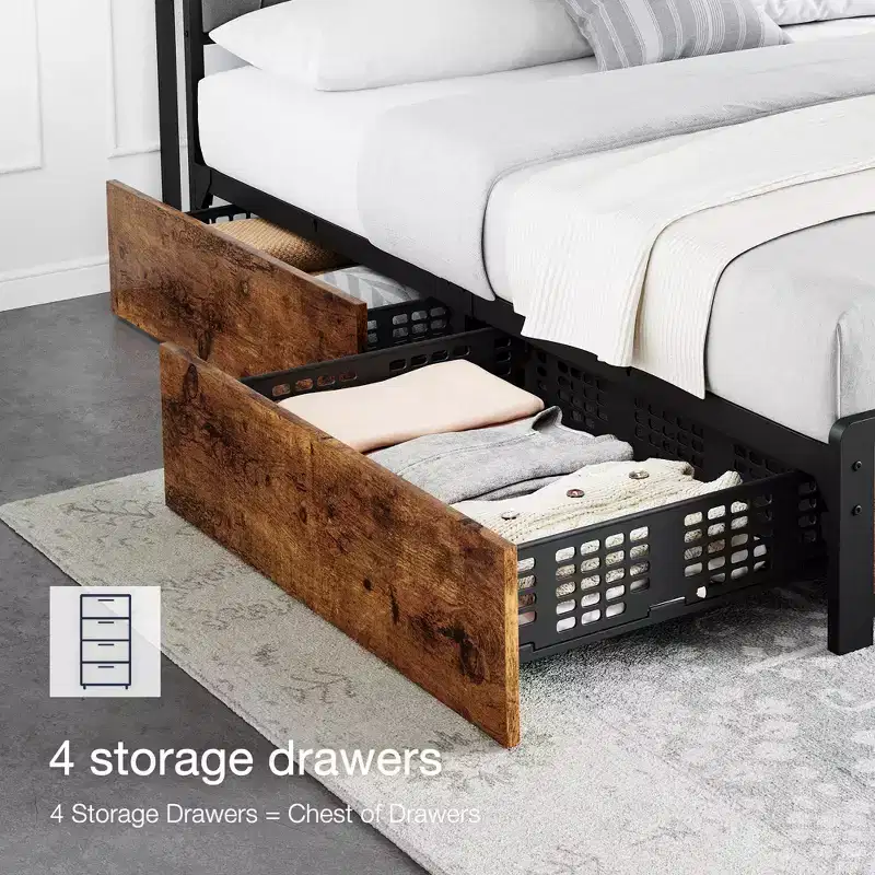 Bed Frame, King Bed Frame - with 4 Storage Drawers, Upholstered Charging Headboard, Heavy Duty Metal Platform, Noise Free (Rustic Brown)