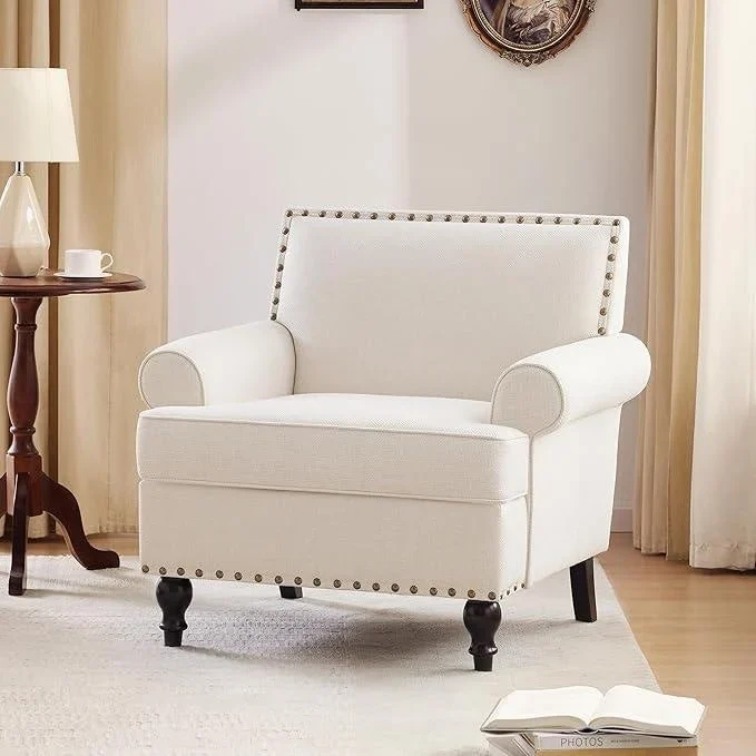 Beige Upholstered Accent Arm Chair with Nailhead Trim
