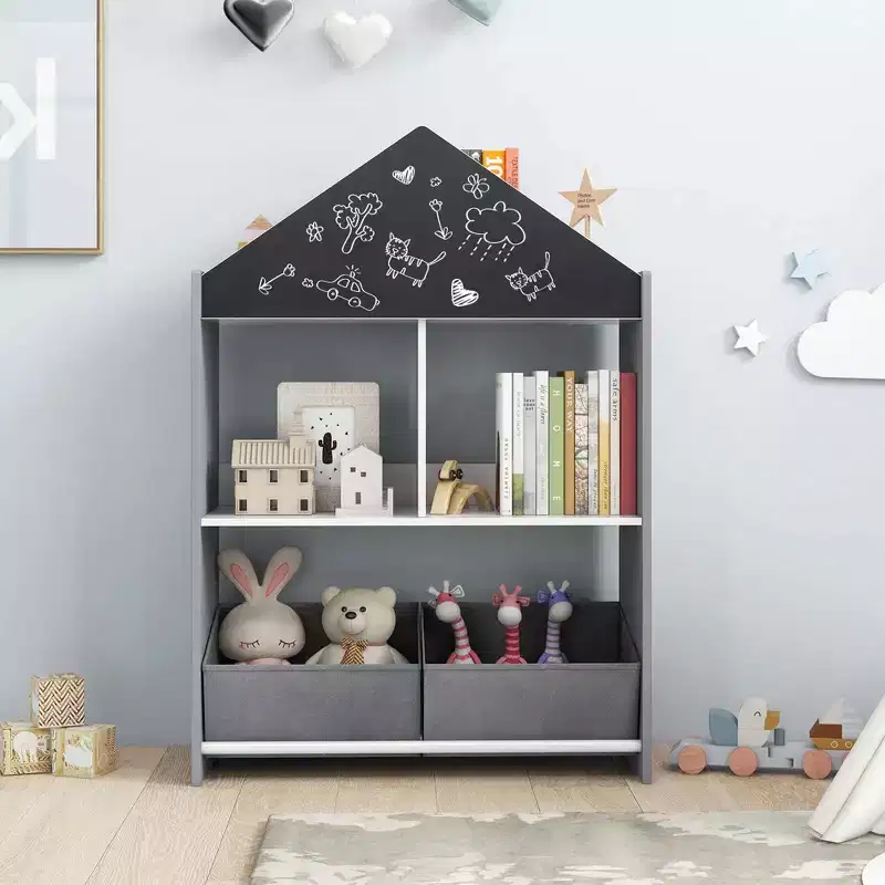 Kids Dollhouse Bookshelf with Writable Chalkboard Whiteboard, 4 Top Compartments, Gray/Pink