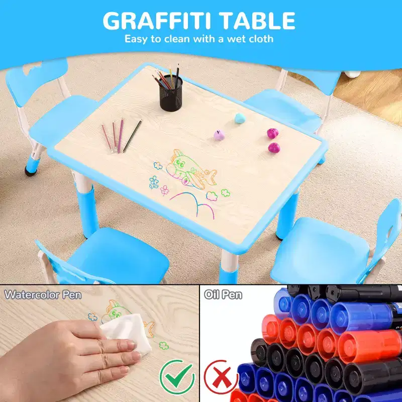 Garvee Kids Table and 4 Chairs Set,31.5''Height Adjustable Toddler Table for Crafts and Study, 5-Piece Children Activity Table Set