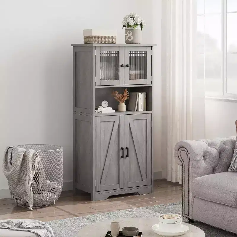 54 Inch Farmhouse Storage Cabinet with Glass Doors, Adjustable Shelves, Freestanding Pantry Cupboard for Kitchen, Bathroom, Living Room