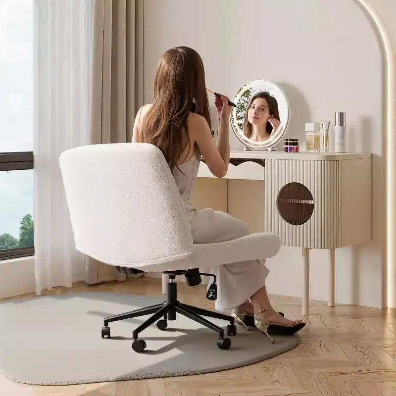 Cross-Legged Office Vanity Chair, Armless Swivel Fabric Chair with Replaceable Wheels Fixed Base