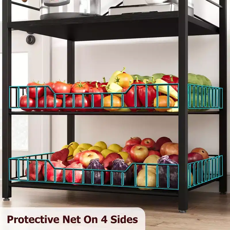 Freestanding Kitchen Bakers Rack, 5 Tier Microwave Stand with Wire Basket & Adjustable Feet, 50.7'' Tall Industrial Coffee Bar Statio