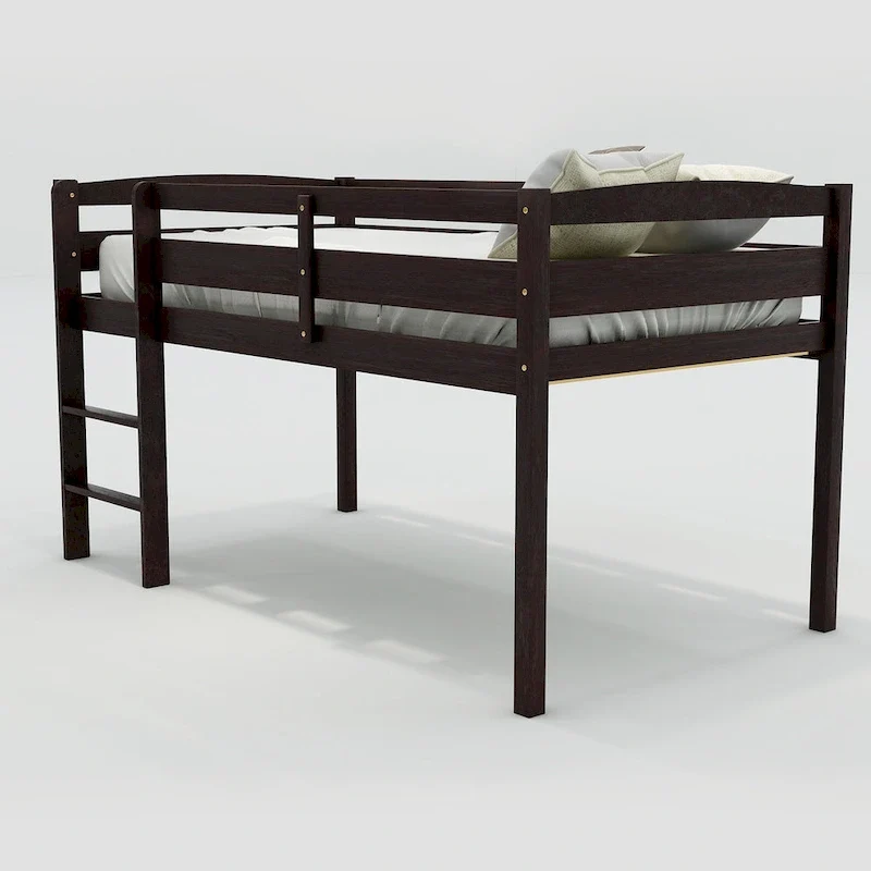 Twin Low Loft Bed with Ladder & Guardrails – Walnut / White / Espresso, Pine & MDF, Single