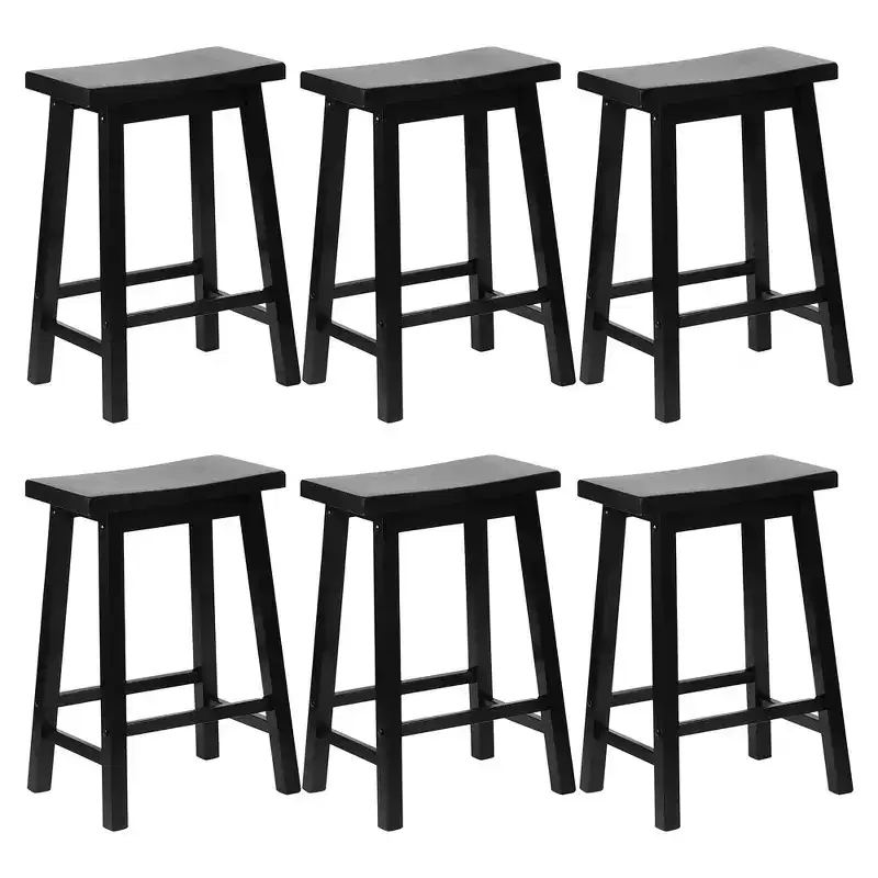 PJ Wood Classic Saddle-Seat 24 Tall Kitchen Counter Stools for Homes, Dining Spaces, and Bars w/Backless Seats, 4 Square Legs, Black (Set of 6)