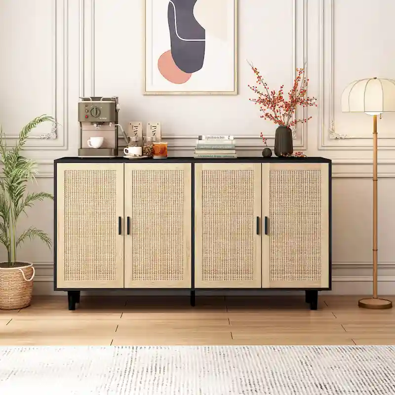 4-Door Rattan Storage Cabinet – Natural / Black, Wood Legs, Adjustable Shelf