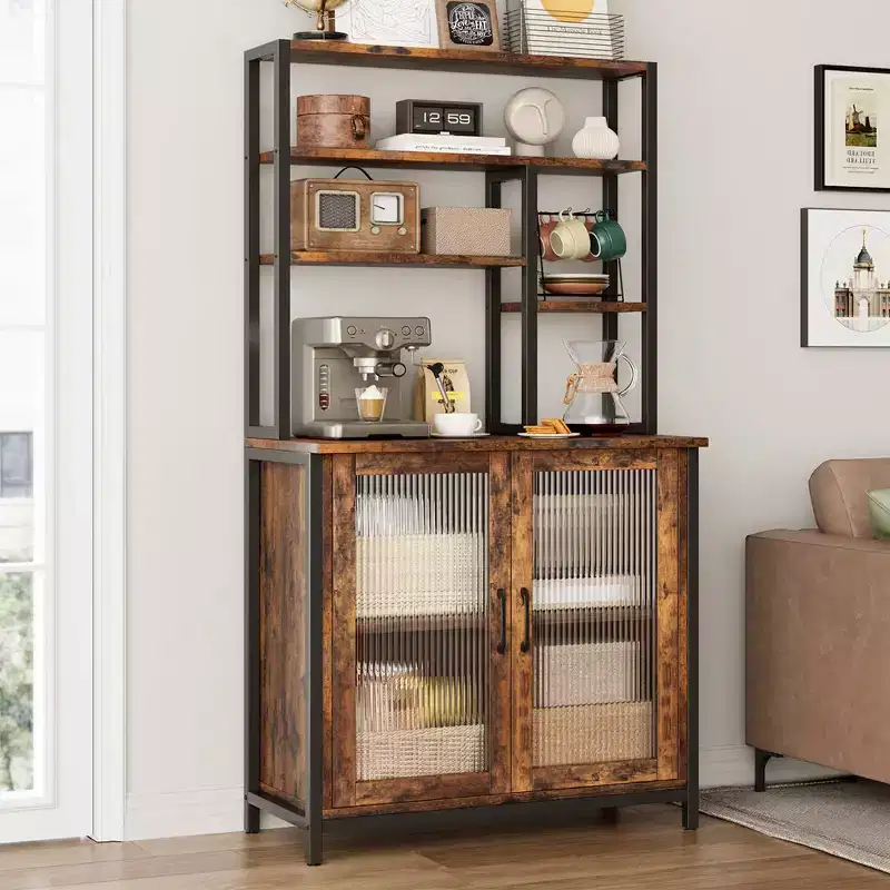 Kitchen Bakers Rack with Large Cabinet, Tall Bar Cabinet with Storage. Large Microwave Stand with Shelf, Vintage Brown