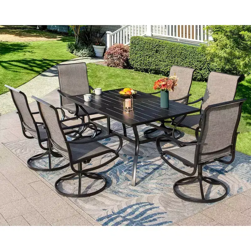 7pc Patio Set with Steel Table & 360 Swivel Sling Arm Chairs - Captiva Designs: Weather-Resistant Outdoor Ensemble