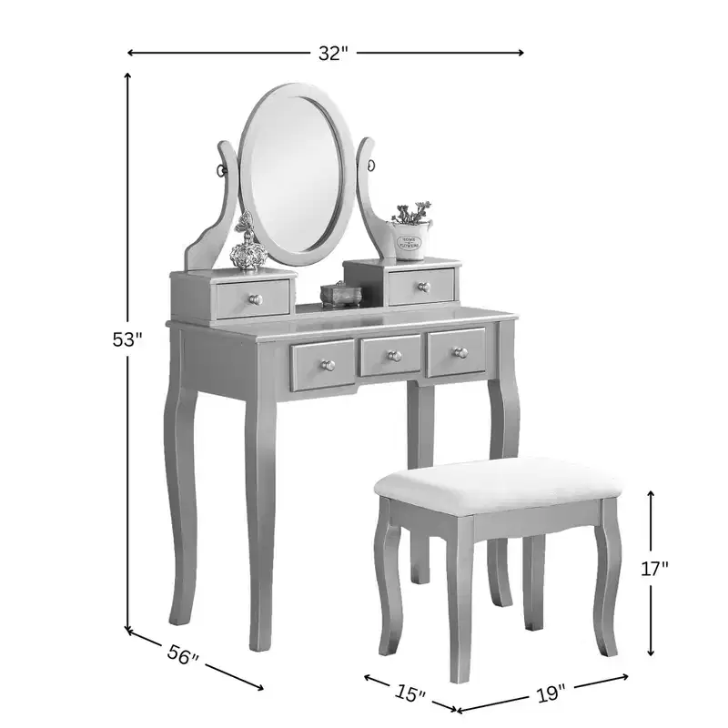 Roundhill Furniture Ashley Wood Makeup Vanity Table and Stool Set, Gold