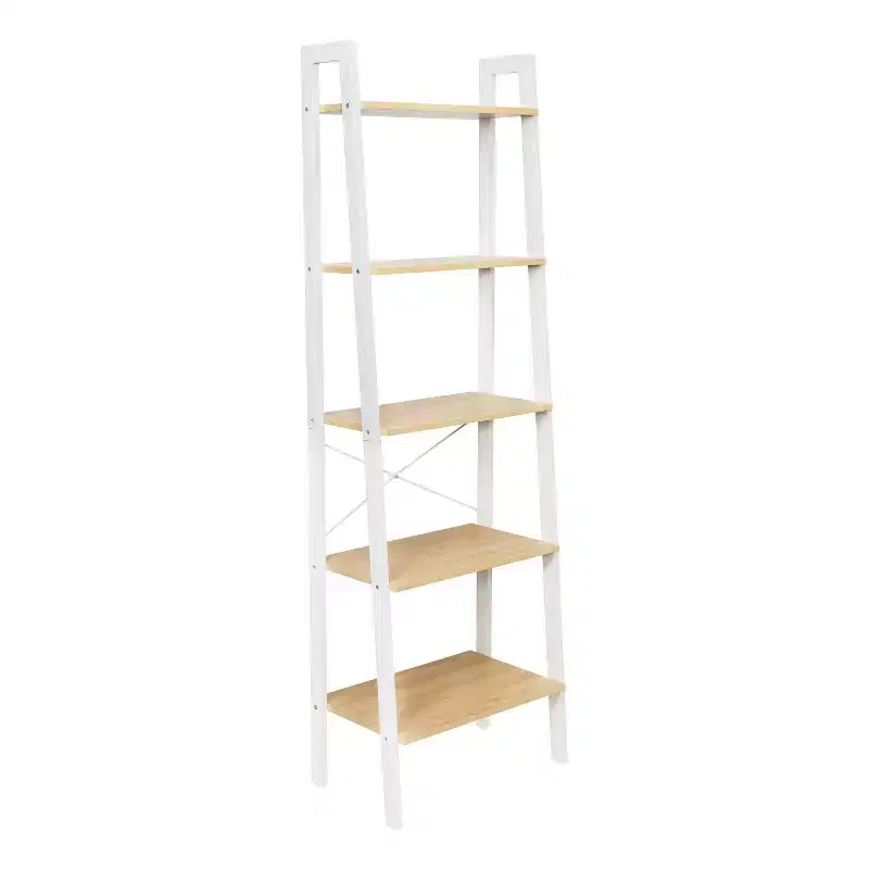 5 Tier White Ladder Bookshelf, Steel Frame, 67.7