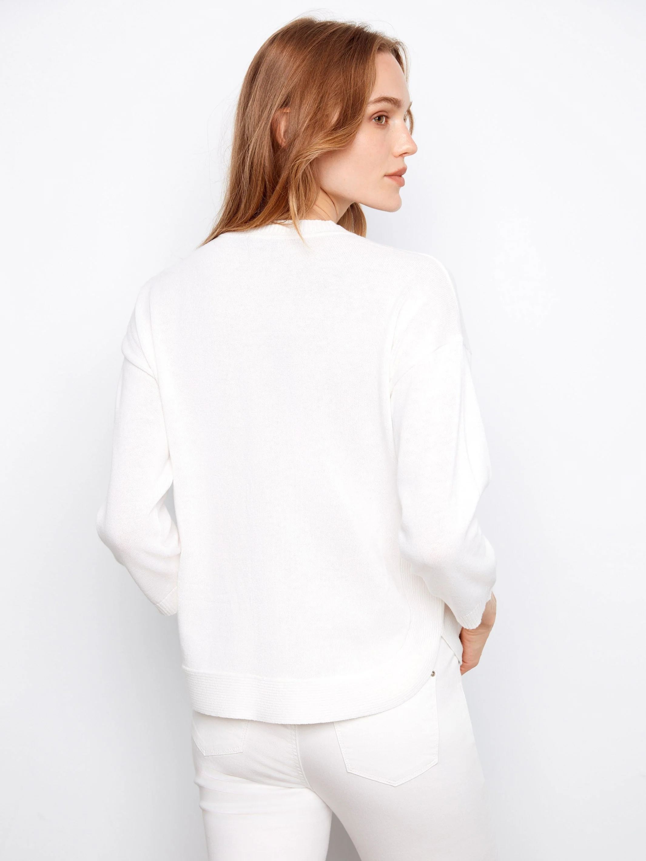 Rounded Hem Cotton Sweater - White