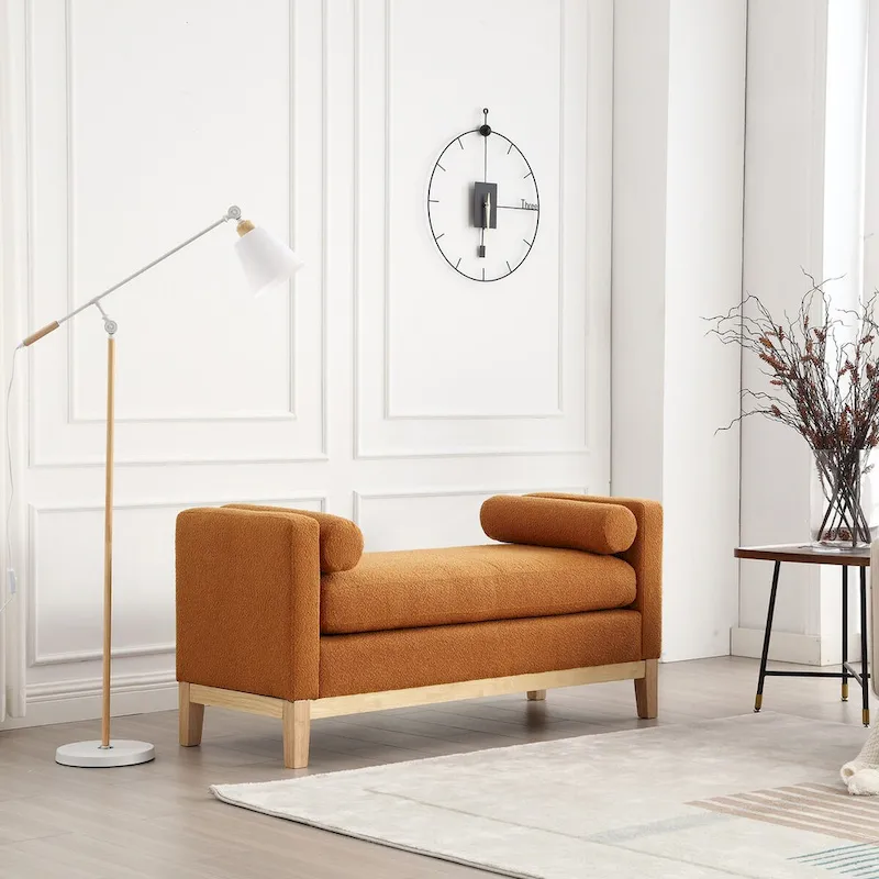 53.5W Elegant Boucle Upholstered Bench, Ottoman with Wood Legs & Bolster Pillows