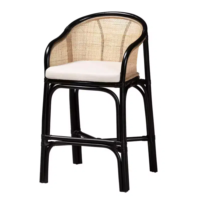 bali & pari Miranda Two-Tone Rattan Counter Height Barstool White/Natural Brown/Black: Polyester Upholstery, No Assembly Required