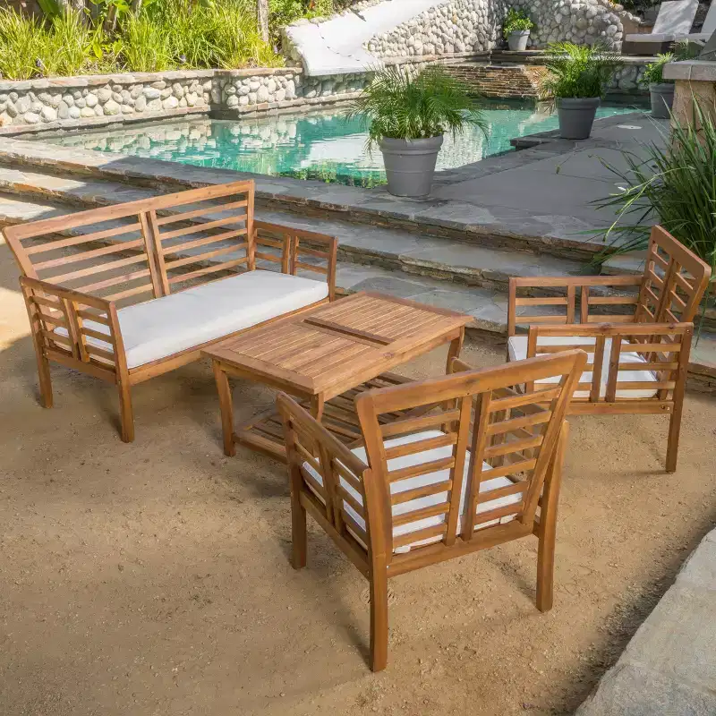 GDFStudio Laurier Outdoor Acacia Wood 4 Seater Chat Set with Cushion