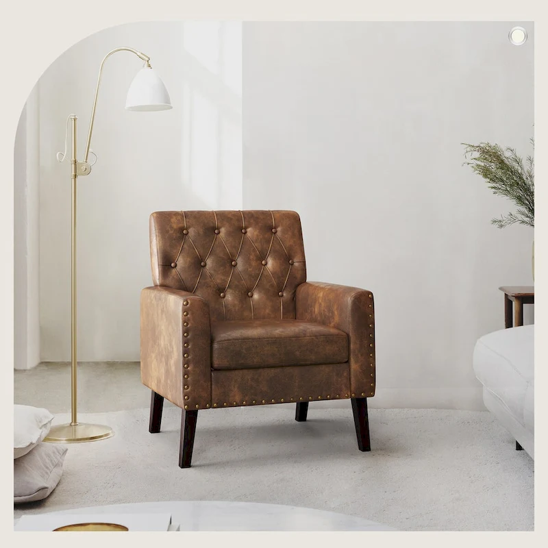 LUE BONA Linen and Walnut Legs Mid Century Modern Button Tufted Accent Chair - 29.53 H X 30 W X 33.07 D