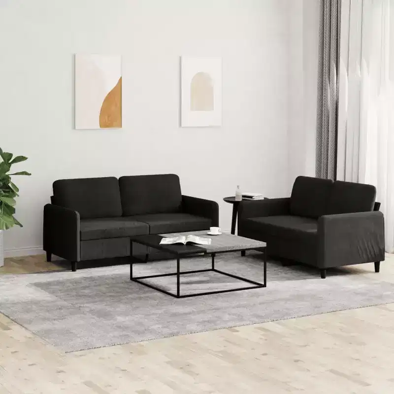 Black Velvet 2-Seater Sofa Set, Seats 4, 2-Piece