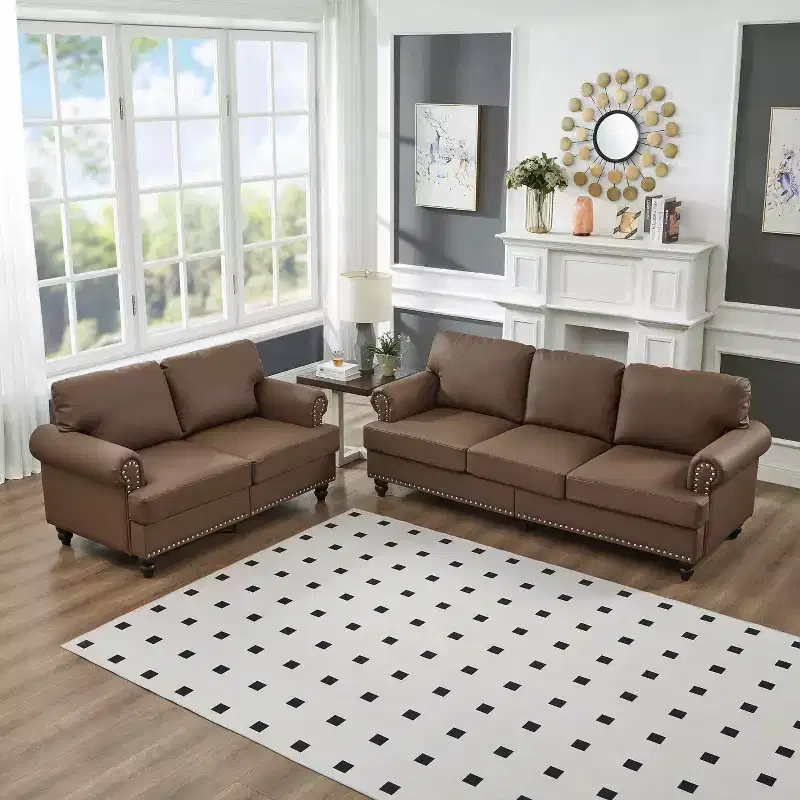 MAYEERTY Modern Sectional Sofas Classic Design with Nails Liing Room 5 Seaters Faux Leather Upgolstered Brown