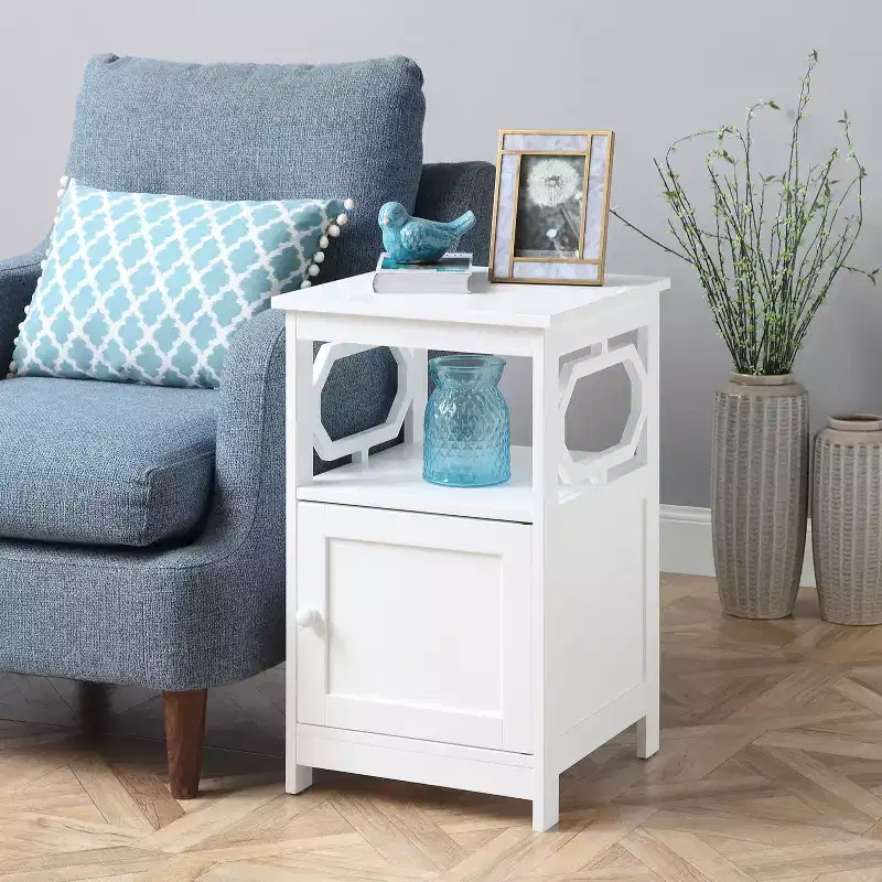 Belmont End Table with Cabinet and Open Shelf Storage, Stylish Octagon Design, Compact MDF Side Table for Living Room or Bedroom