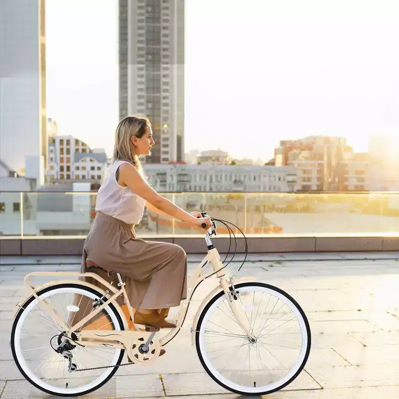 NAYSAYE Bicycle 7 Speed Steel Frame 24 Inch Ladies Bike for Commuting and Leisure for Urban Rides, Beige, 62.2*23.62*40.16