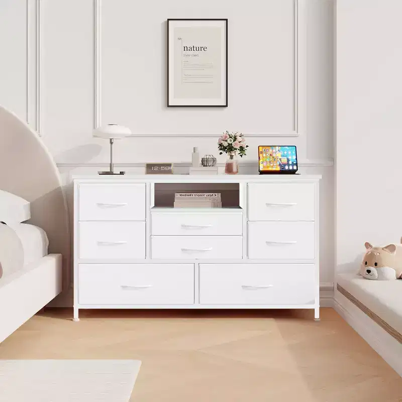 8-Drawer Dresser TV Stand with Power Outlets & RGB LED Lighting, White Leather, Wood Top, Fits 55 TV, Deep Fabric Drawers, for Bedroom/Living Room