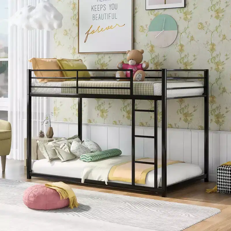 Twin over Twin Metal Low Bunk Bed with Ladder and Guardrail