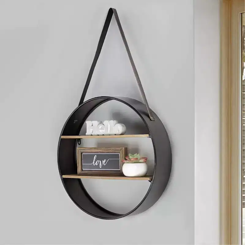 33" Round Metal and Wood Hanging Wall Shelf Brown - American Art Decor: Modern Curio Storage, No Assembly
