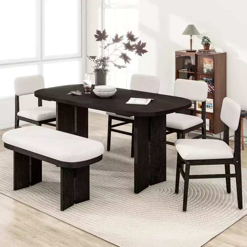 Whisen 6-Piece Solid Wood Dining Table Set with Bench and Upholstered Chairs for Kitchen or Dining Room Modern Farmhouse Style in 2 Classic Colors