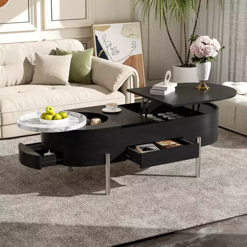 Lift Top Coffee Table Wooden Center Table with 360 Marble-patterned Rotating Tray, 3 Drawers and Hidden Compartment, Brown/Black-ModernLuxe