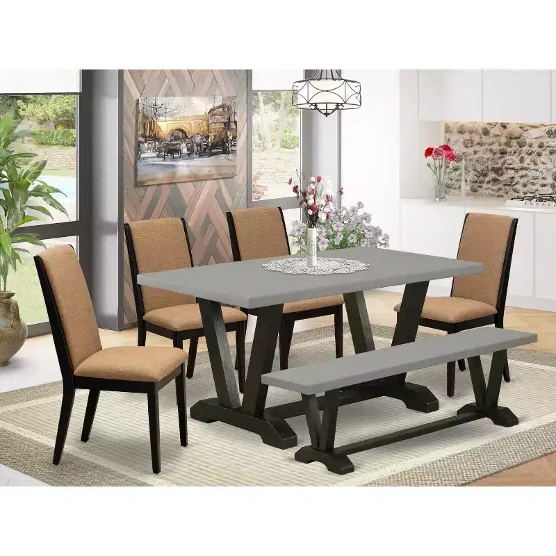 6-Piece Rectangle Natural Oak Finish Solid Wood Top Dining Table with 1-Bench and 4-Chairs