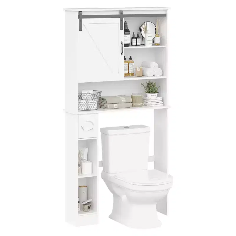 Over The Toilet Storage Cabinet, Double Door Bathroom Organizer with Adjustable Shelves & Toilet Paper Holder for Bathroom Space Saving White