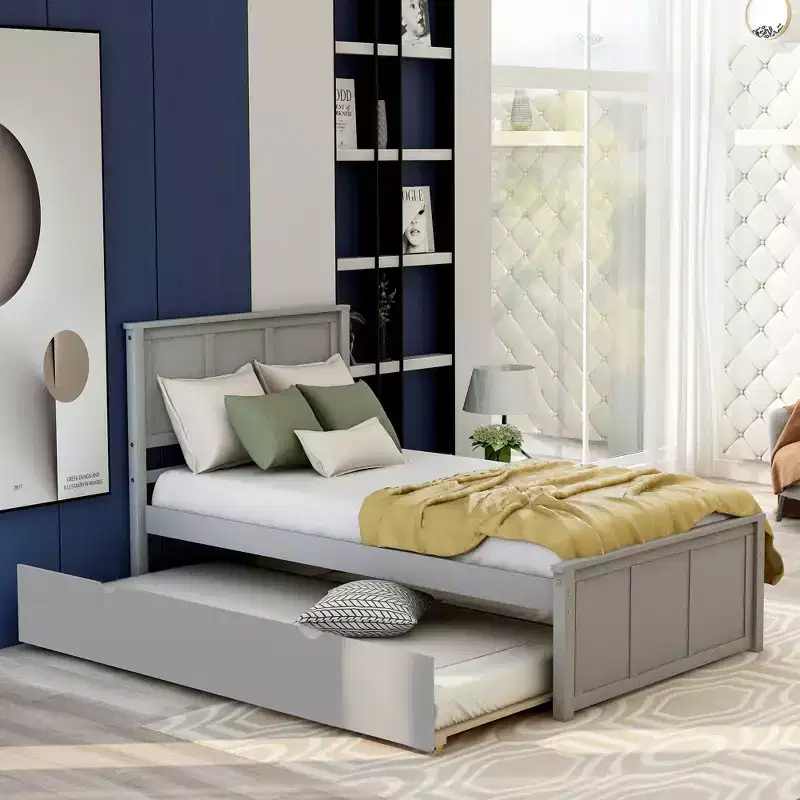 Twin Size Platform Bed With Space-saving Trundle, Easy Assembly, Gray